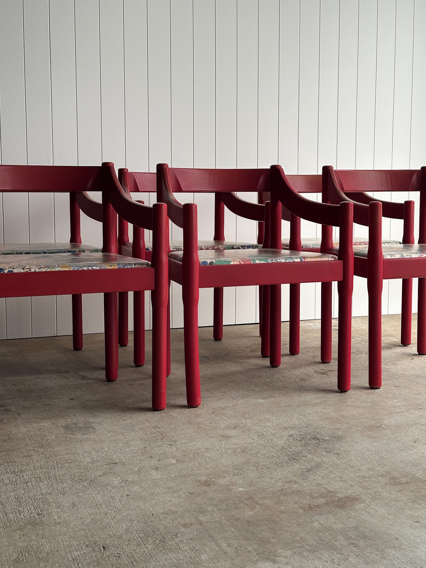 Set of Six Vintage Red Lacquered Dining Armchairs, Attributed to Vico Magistretti