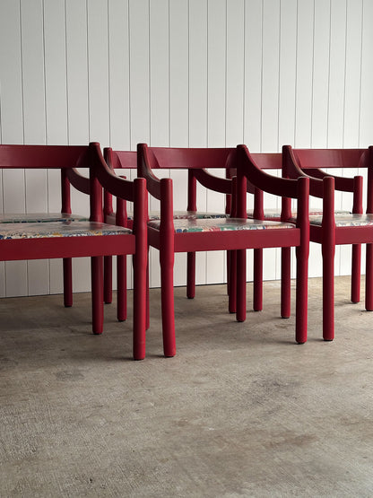Set of Six Vintage Red Lacquered Dining Armchairs, Attributed to Vico Magistretti