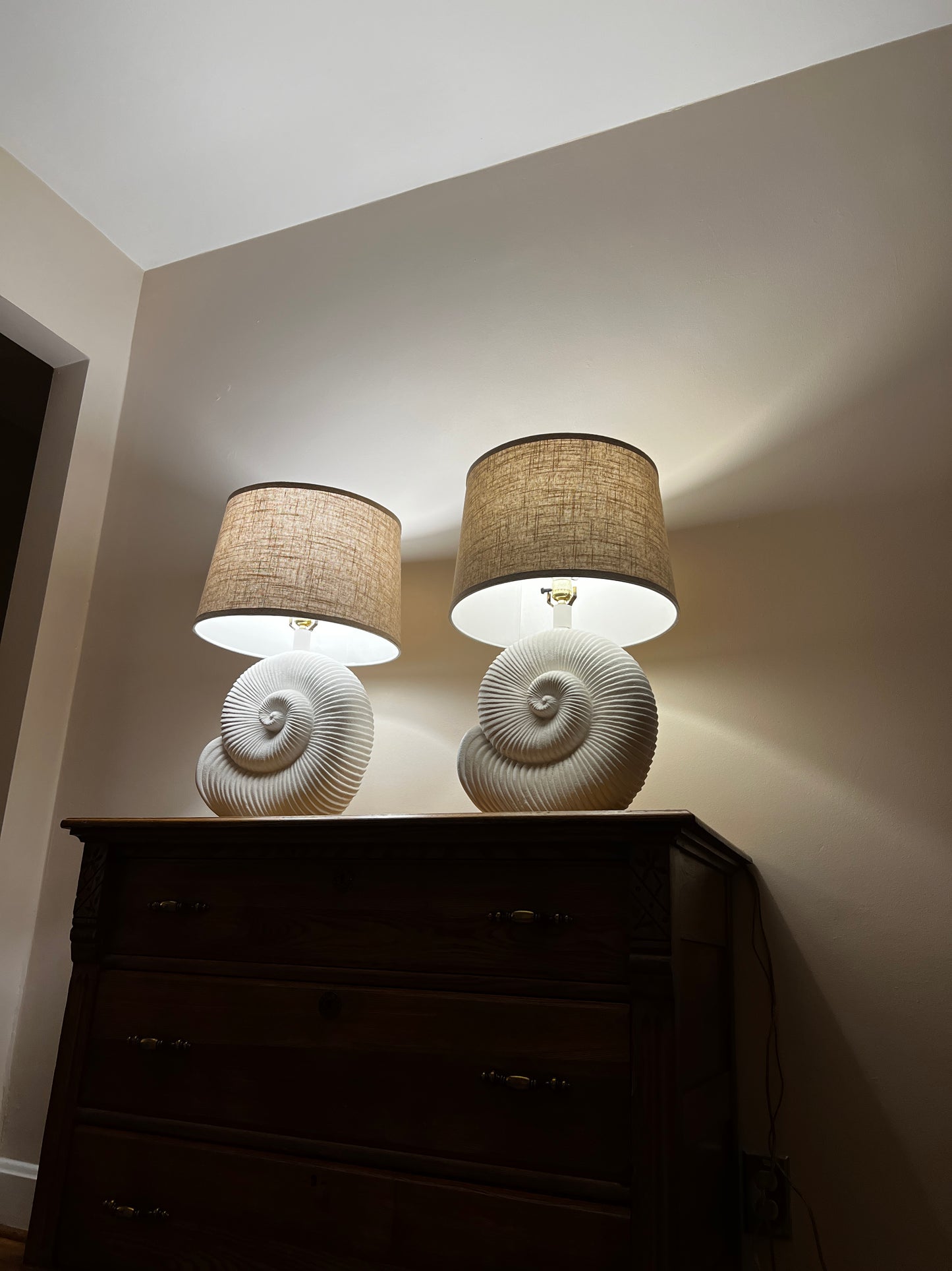 Vintage Spiral Shell Table Lamps With Linen Drum Shades - A Pair