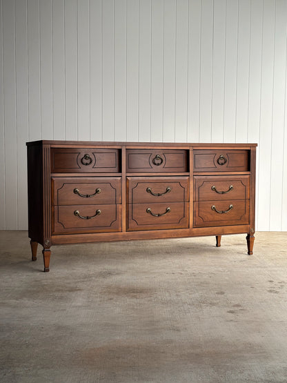 Vintage Ward Walnut Nine-Drawer Triple Dresser with Fluted Details