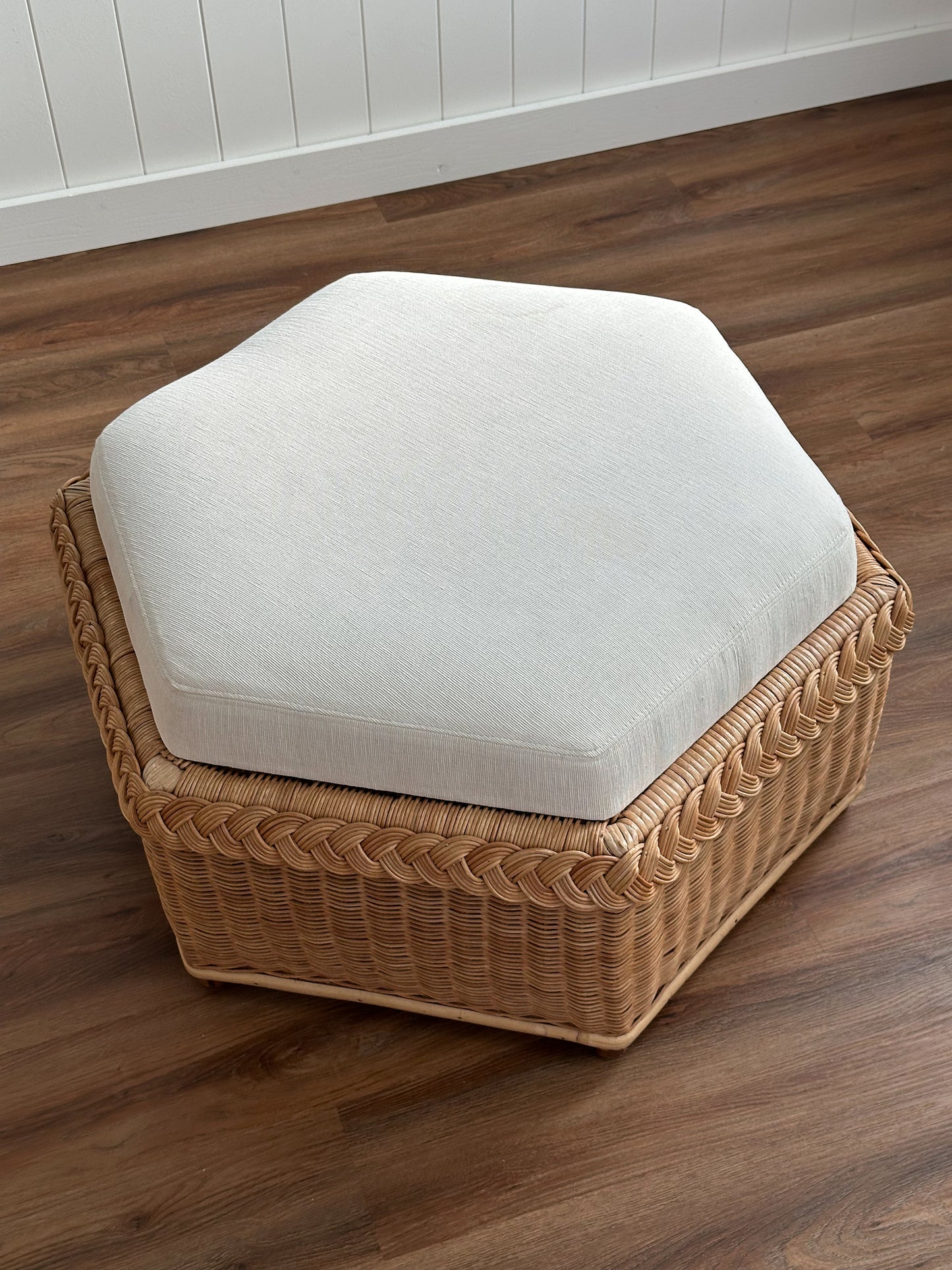 Vintage Brown Jordan Braided Wicker Hexagonal Ottoman