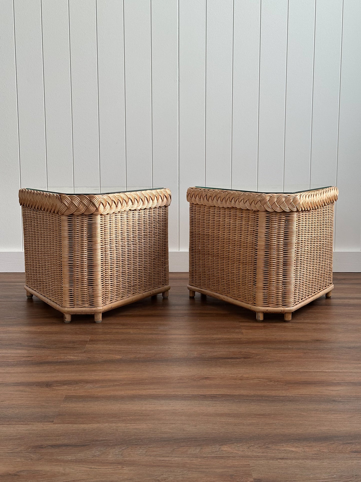 Vintage Brown Jordan Braided Wicker Side Tables, Pair