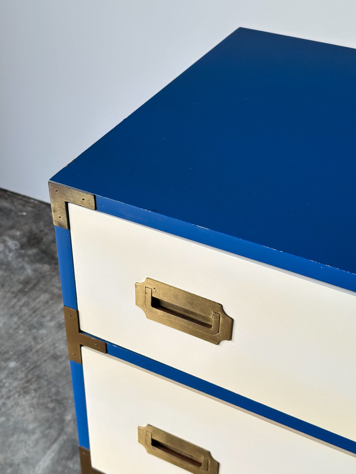 Blue & White Lacquered Campaign Chest of Drawers with Brass Hardware, 1970s