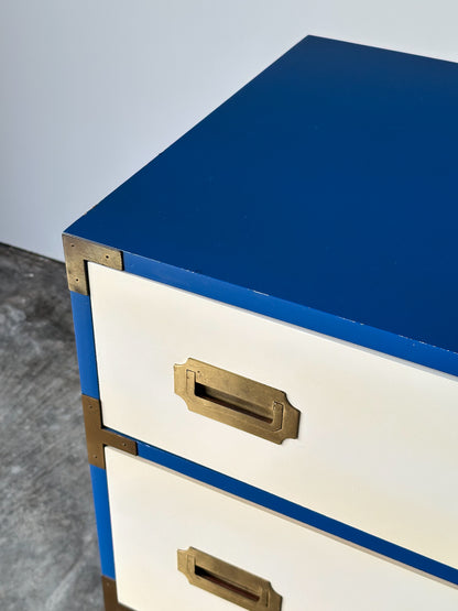 Blue & White Lacquered Campaign Chest of Drawers with Brass Hardware, 1970s