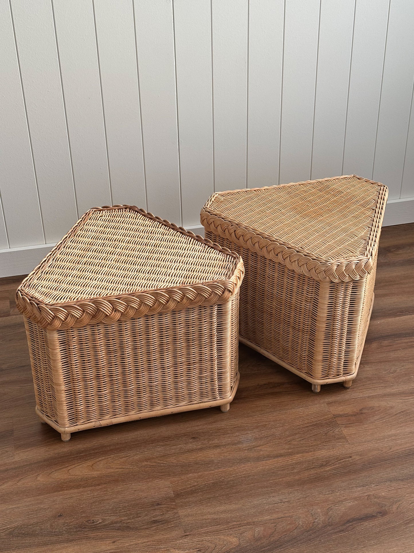 Vintage Brown Jordan Braided Wicker Side Tables, Pair