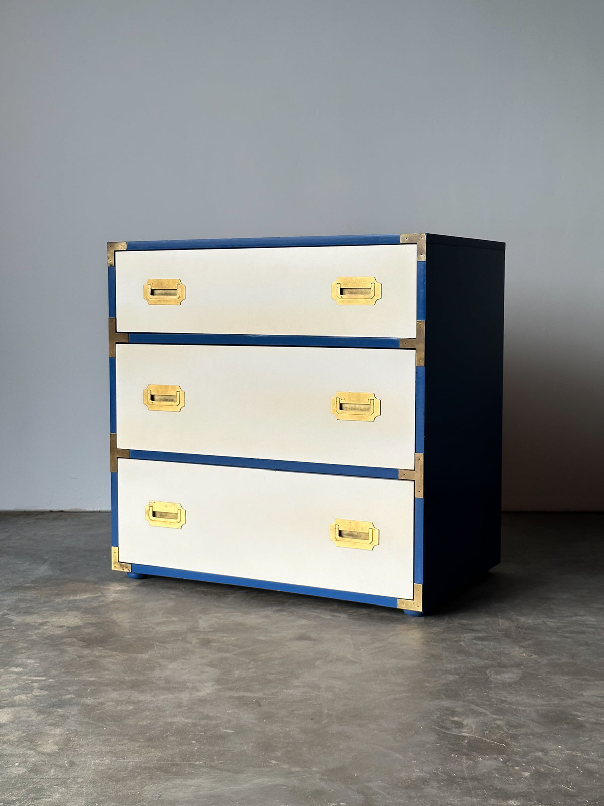 Blue & White Lacquered Campaign Chest of Drawers with Brass Hardware, 1970s