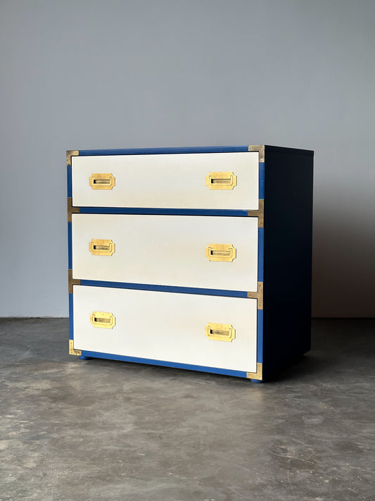 Blue & White Lacquered Campaign Chest of Drawers with Brass Hardware, 1970s