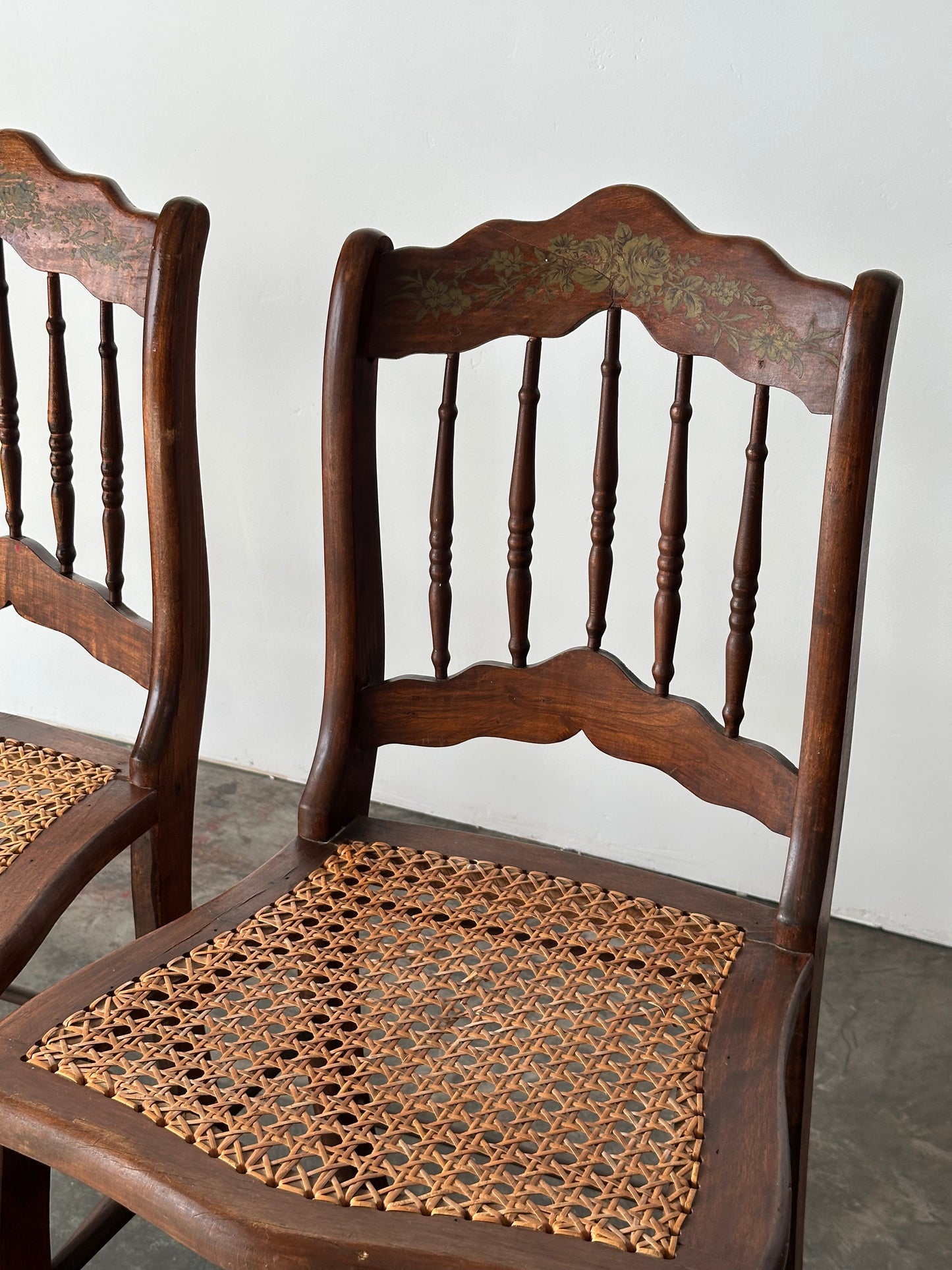 Antique Set of 4 Turned-Spindle Cane Seat Dining Chairs