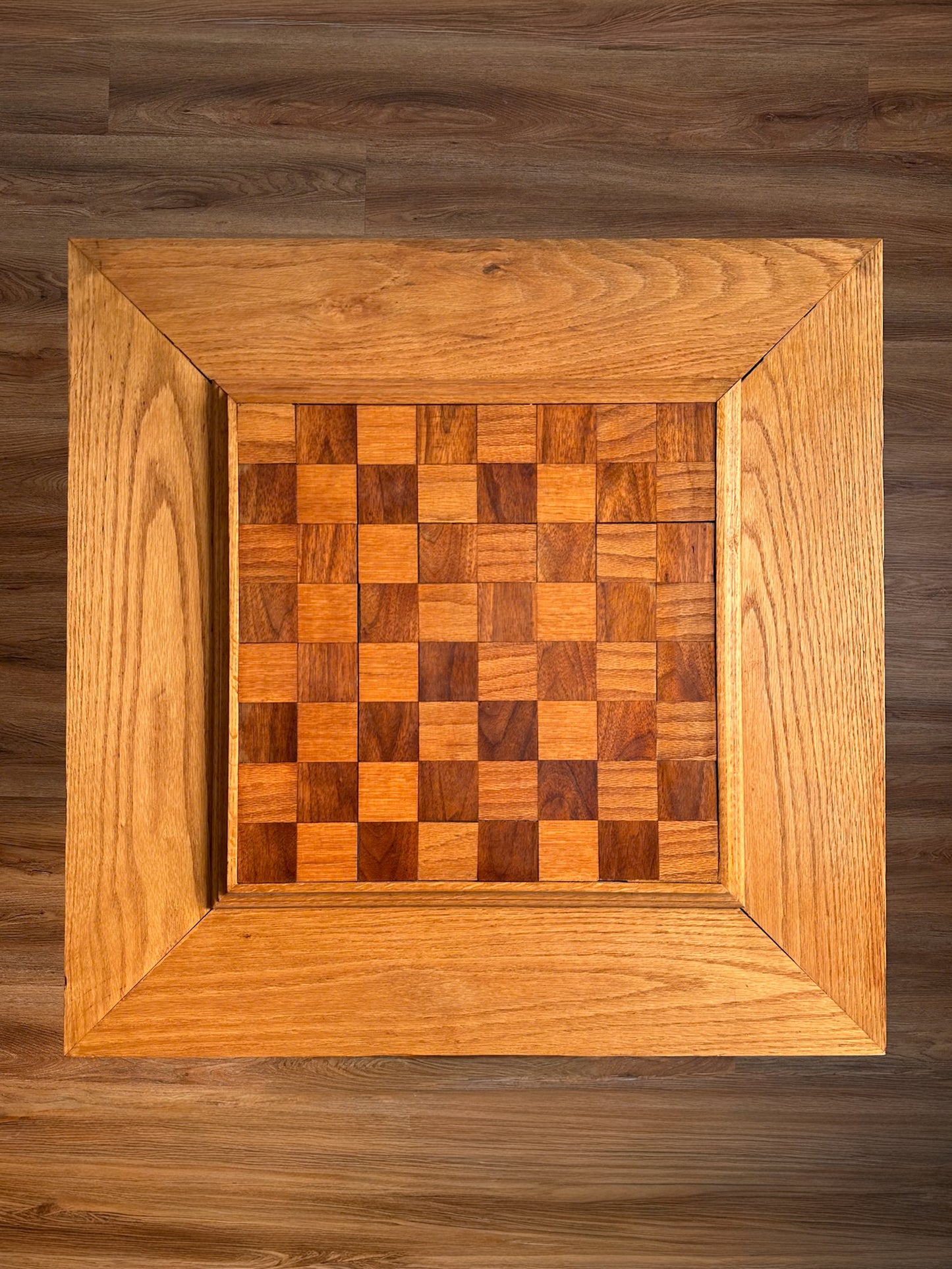 Vintage Handcrafted Oak Pedestal Game Table with Inlaid Chessboard