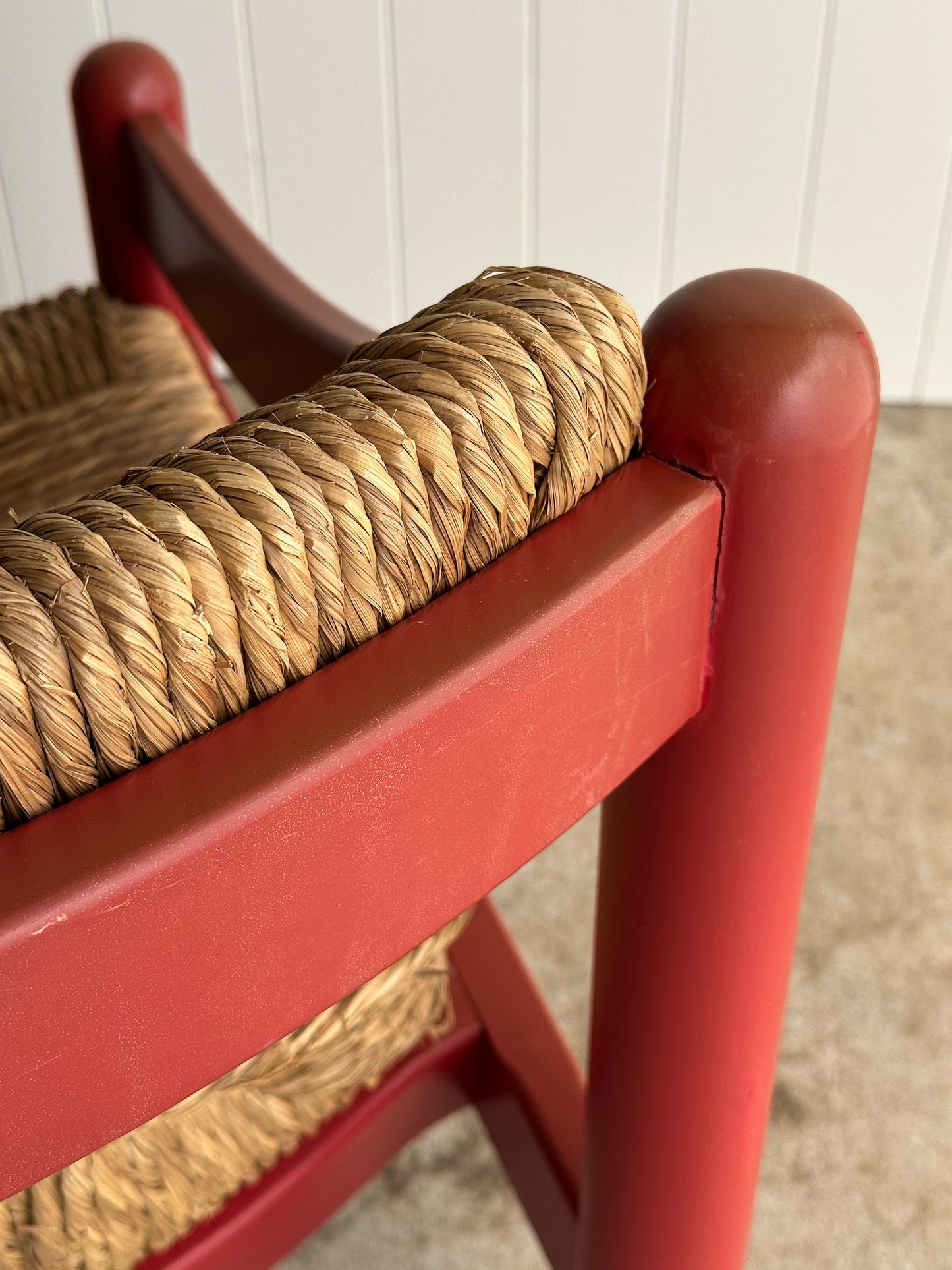 Pair of Vintage Red Lacquered Rush Lounge Chairs, Attributed to Vico Magistretti