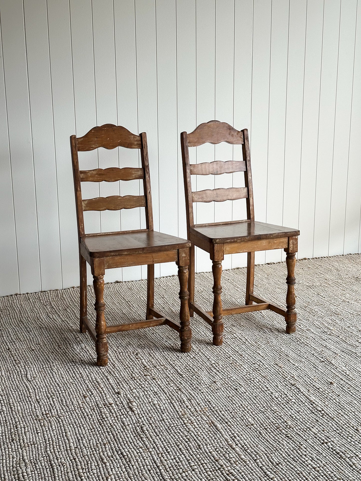 Antique Ladderback Scalloped Accent Dining Chairs, Pair