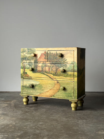 Hand-Painted Cottage Landscape Chest of Drawers, 19th Century