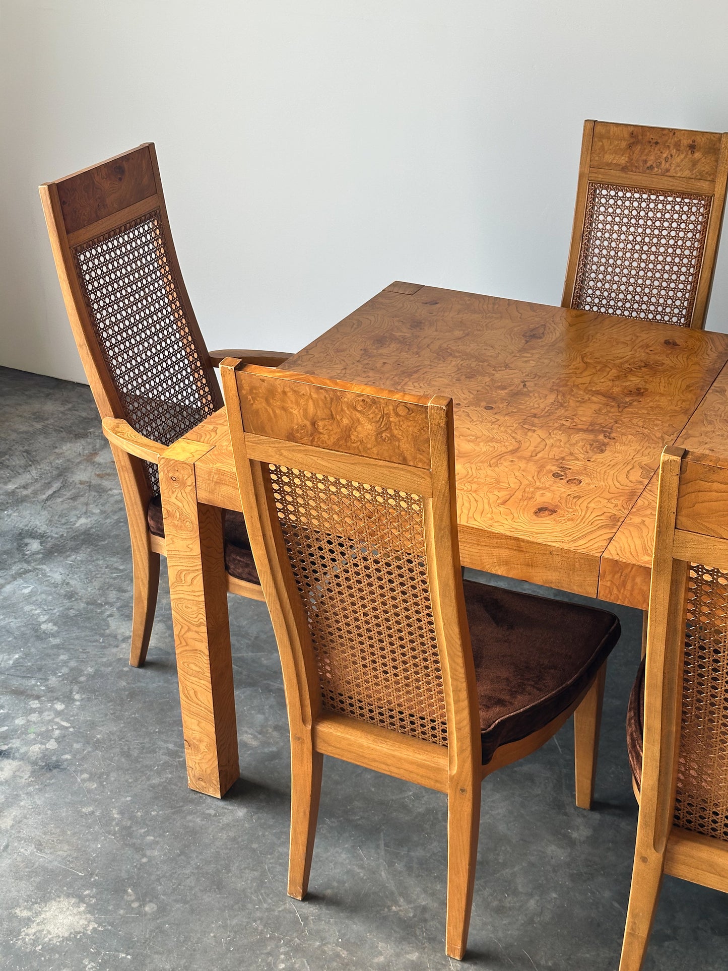 Set of 6 Milo Baughman Style Cane Back Burl Dining Chairs by Lane, 1970s