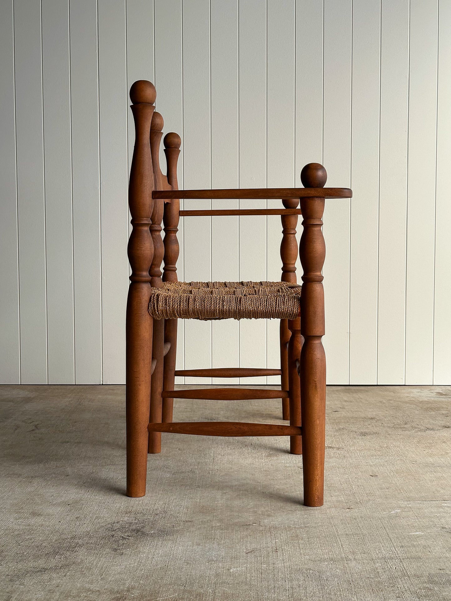 Vintage Sculptural Turned Wood Double Bench with Woven Rope Seat, c. 1950