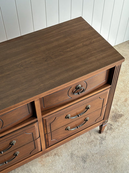 Vintage Ward Walnut Nine-Drawer Triple Dresser with Fluted Details