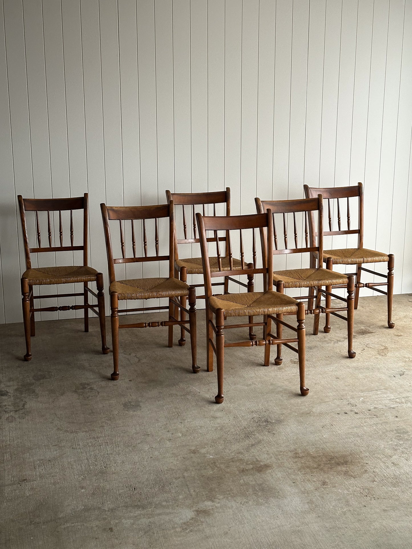 Vintage Maple Dining Chairs With Hand-Woven Rush Seats, Set of Six