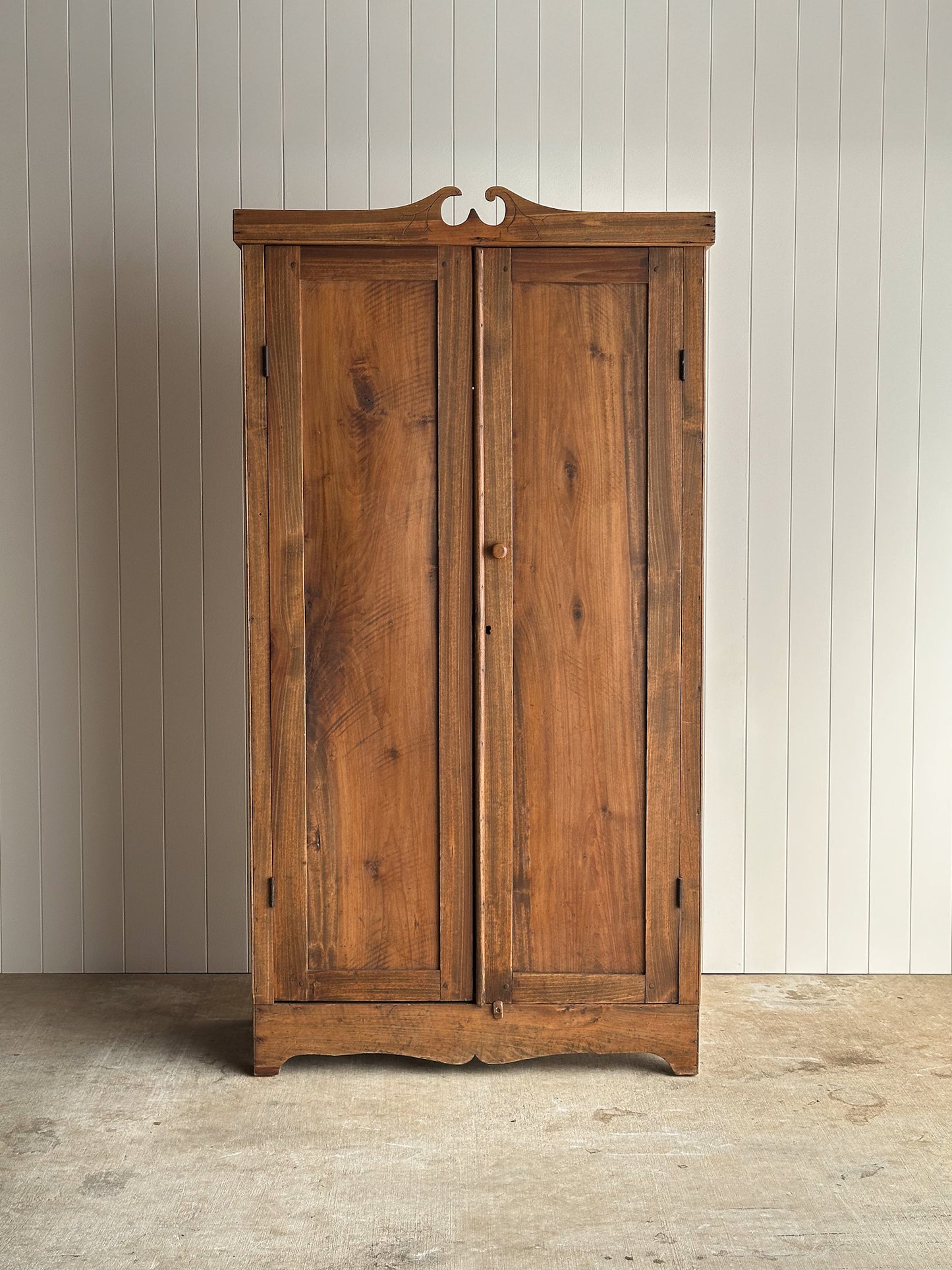 Antique Pine Cupboard Cabinet With Carved Crest