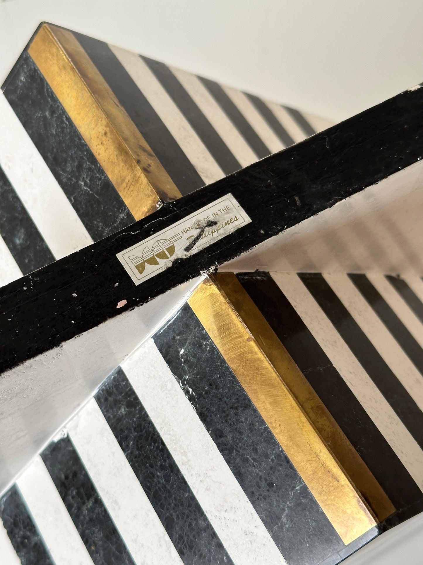 Vintage Maitland-Smith Tessellated Mactan Stone Box With Marble and Brass Inlay