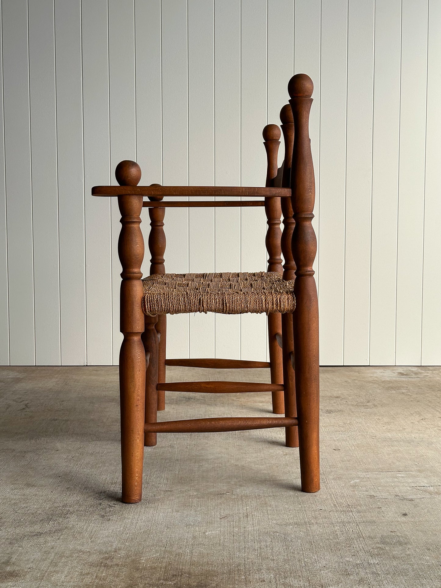 Vintage Sculptural Turned Wood Double Bench with Woven Rope Seat, c. 1950