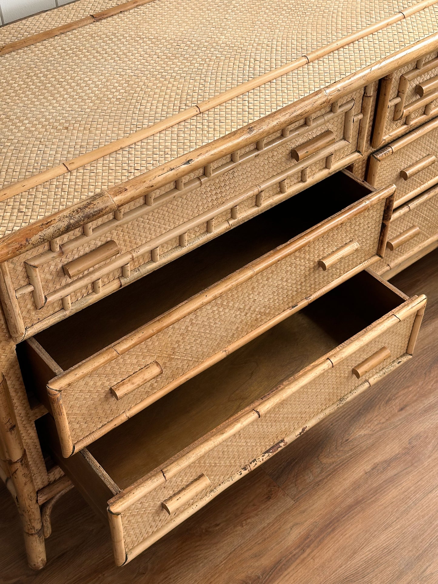 Vintage Coastal Woven Rattan Six-Drawer Dresser