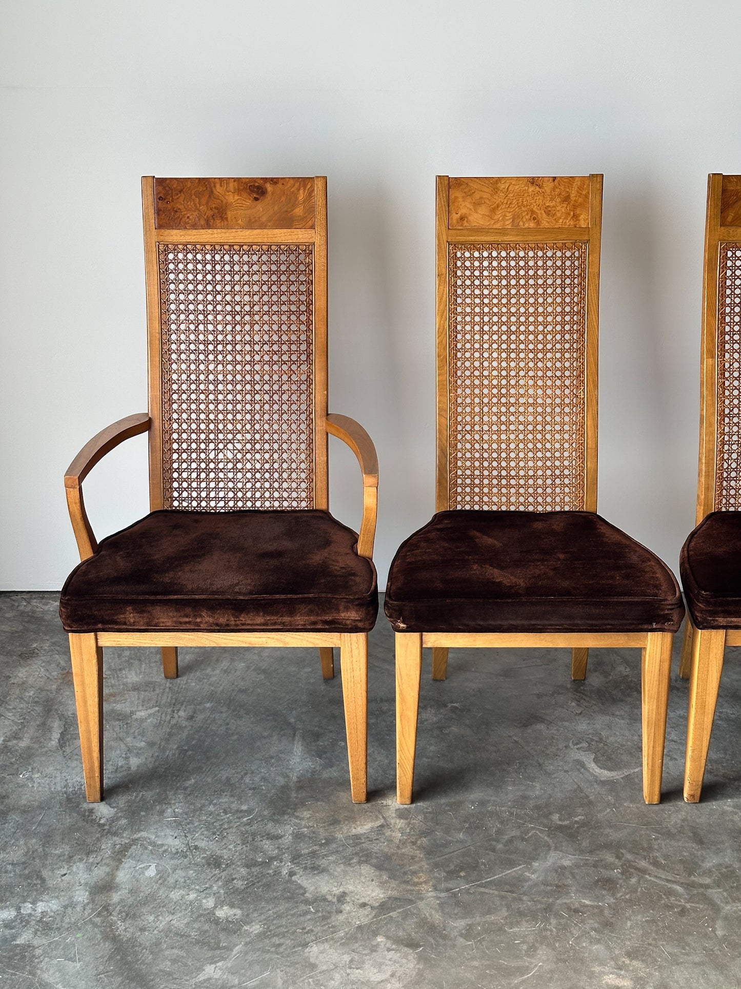 Set of 6 Milo Baughman Style Cane Back Burl Dining Chairs by Lane, 1970s