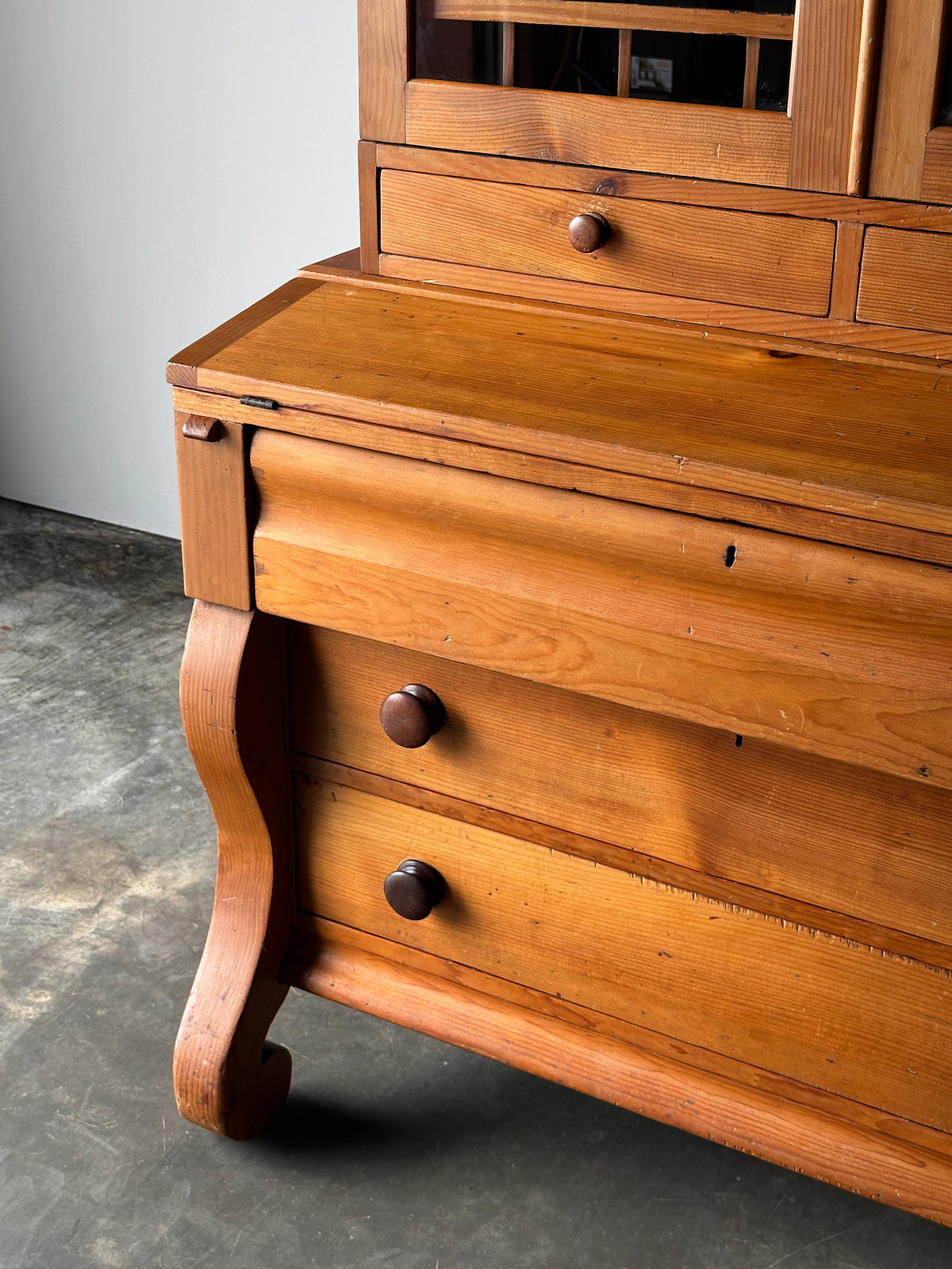 Pine Fall-Front Secretary Desk with Glass-Front Bookcase, Circa 1840s