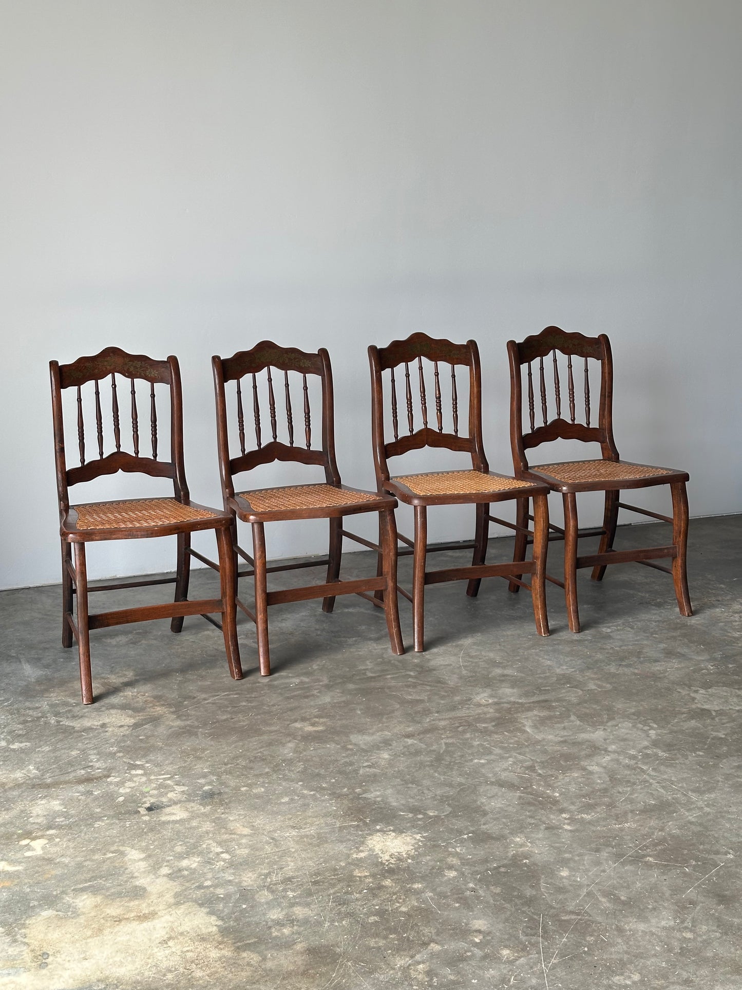 Antique Set of 4 Turned-Spindle Cane Seat Dining Chairs