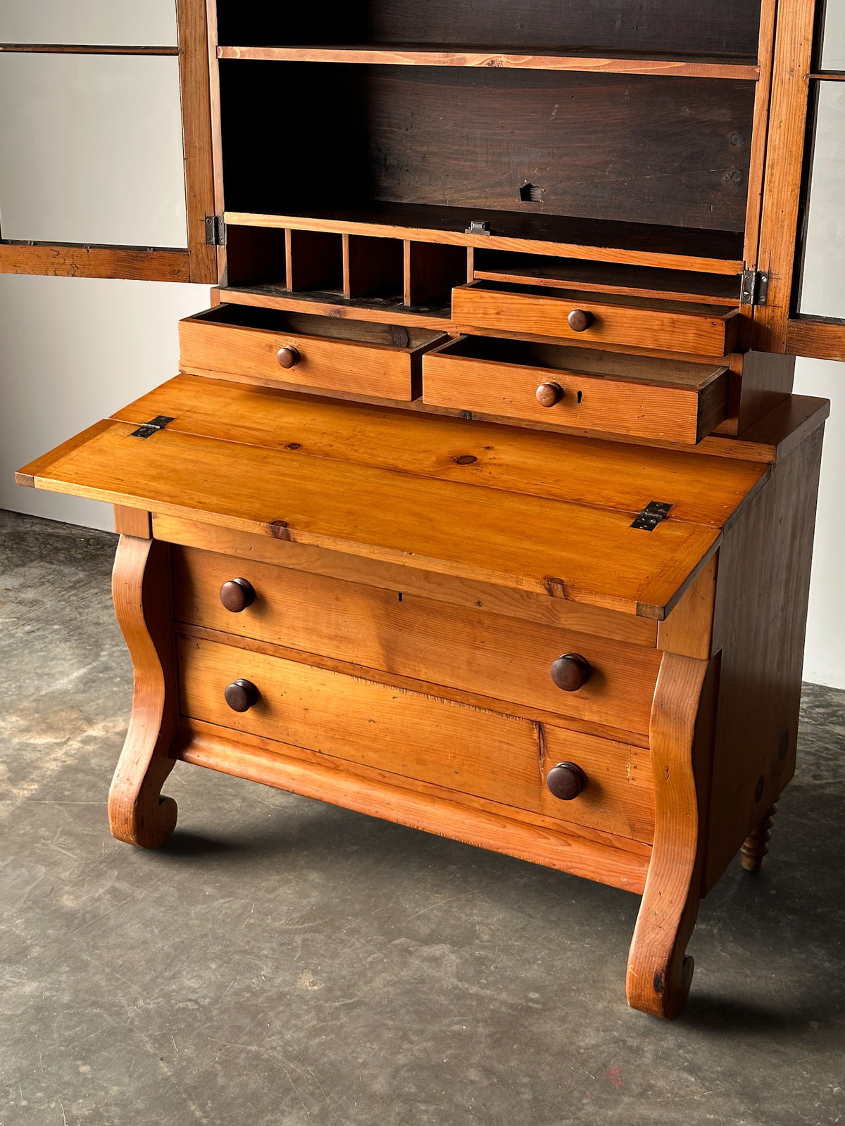 Pine Fall-Front Secretary Desk with Glass-Front Bookcase, Circa 1840s