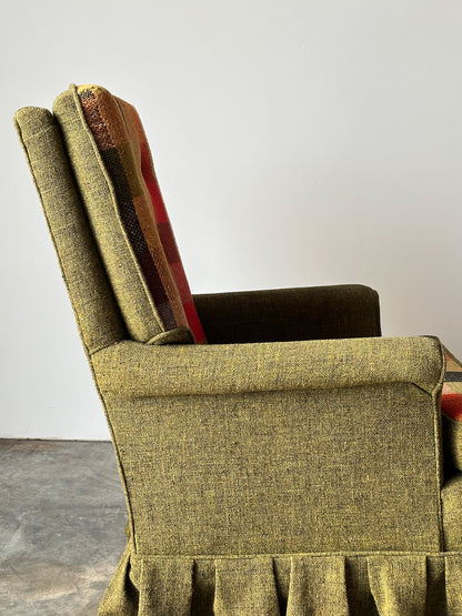 Olive Tweed Swivel Rocker with Patchwork Plaid Upholstery, 1970s