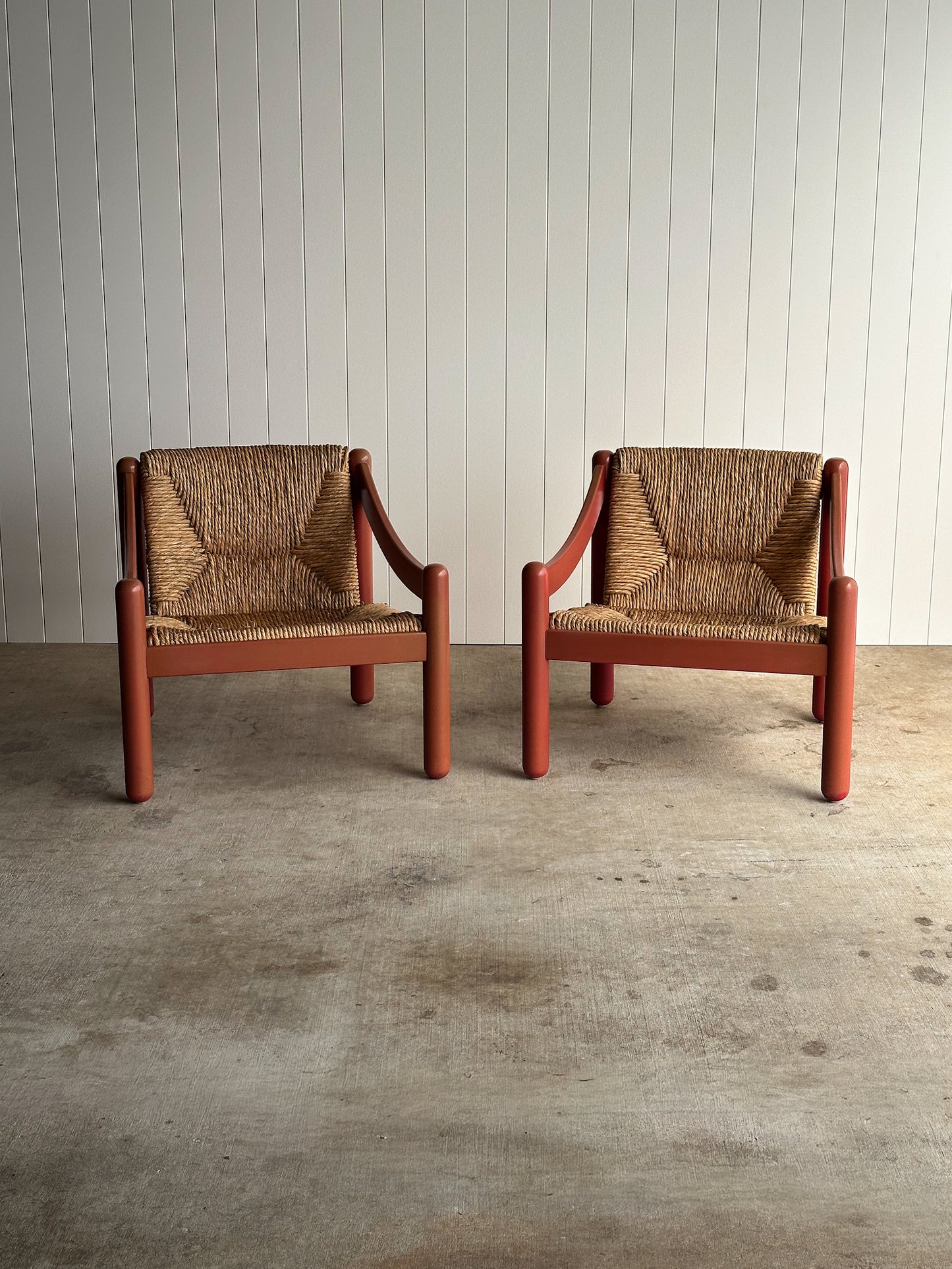 Pair of Vintage Red Lacquered Rush Lounge Chairs, Attributed to Vico Magistretti