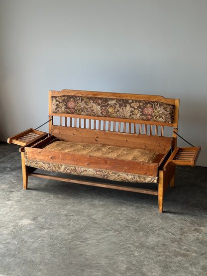 Pine Bench Fold-Out Daybed With Hidden Storage, Central Europe, 19th Century