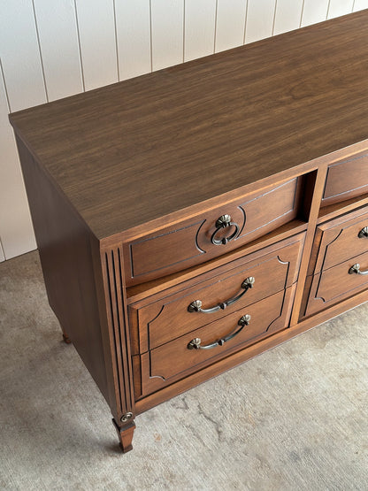 Vintage Ward Walnut Nine-Drawer Triple Dresser with Fluted Details