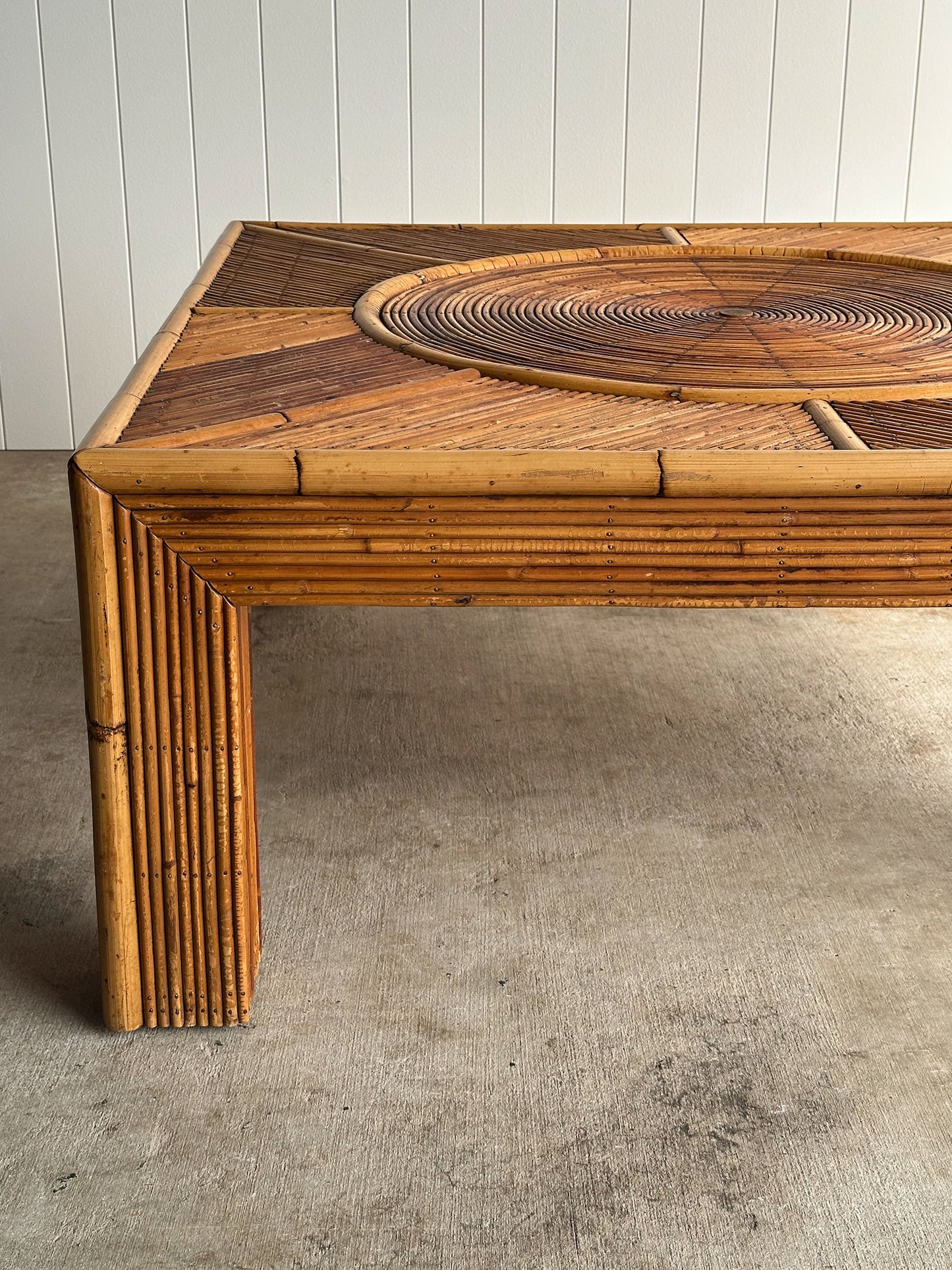 Vintage Monumental Rattan Sunburst Coffee Table, C. 1970s