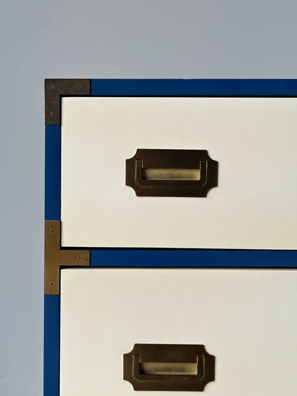 Blue & White Lacquered Campaign Chest of Drawers with Brass Hardware, 1970s