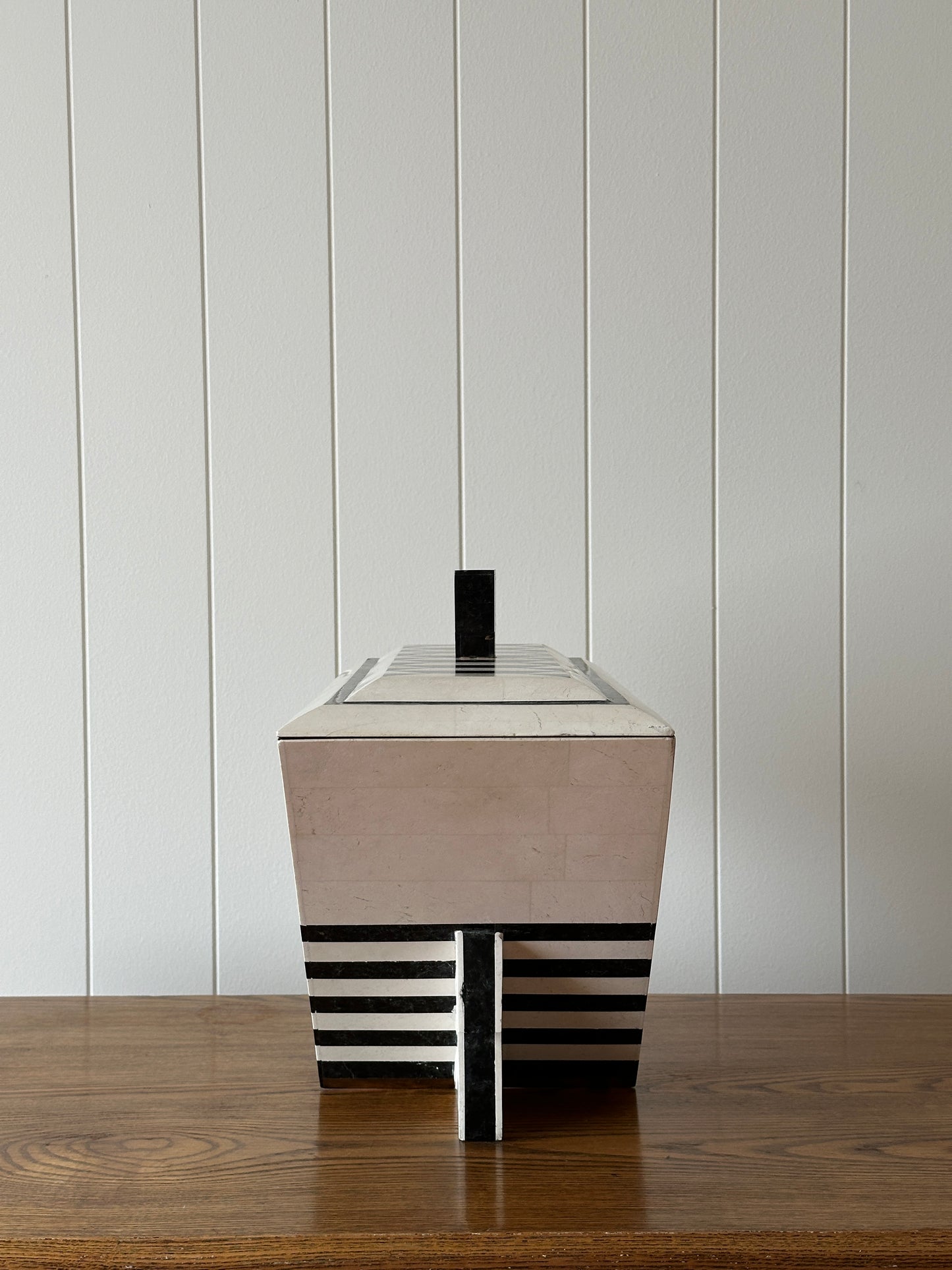 Vintage Maitland-Smith Tessellated Mactan Stone Box With Marble and Brass Inlay