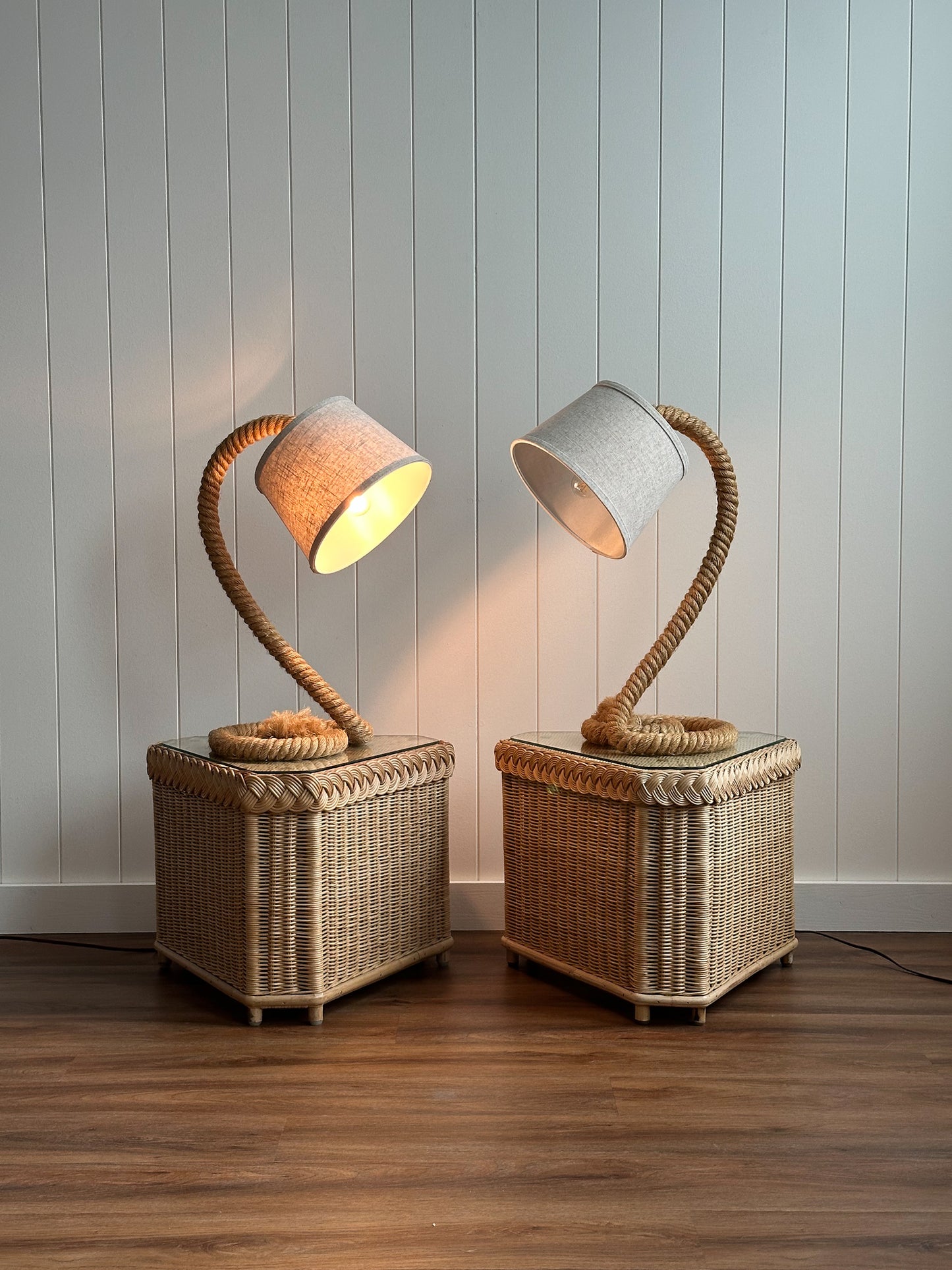 Vintage French Mid-Century Rope Table Lamps, Pair