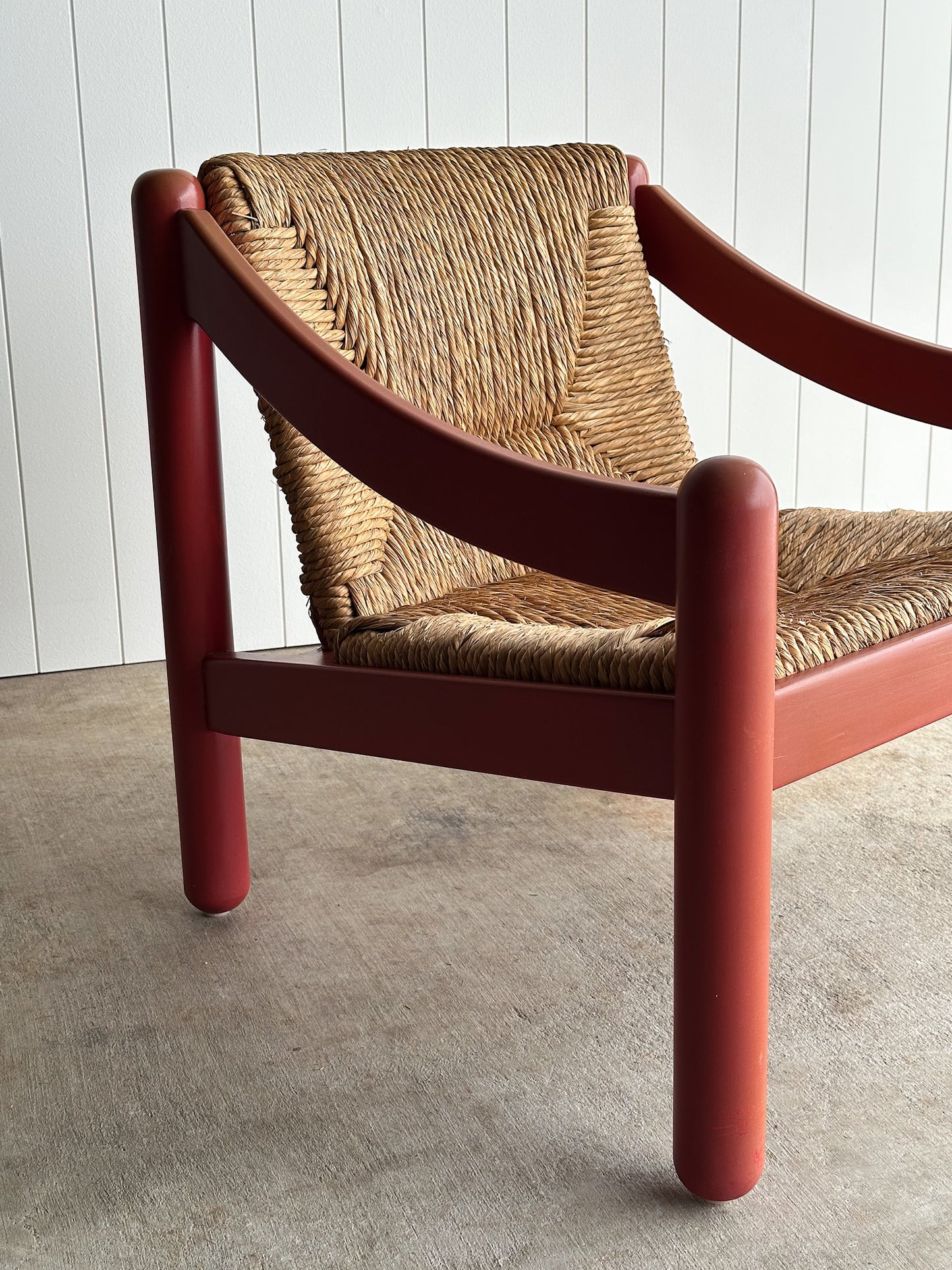 Pair of Vintage Red Lacquered Rush Lounge Chairs, Attributed to Vico Magistretti