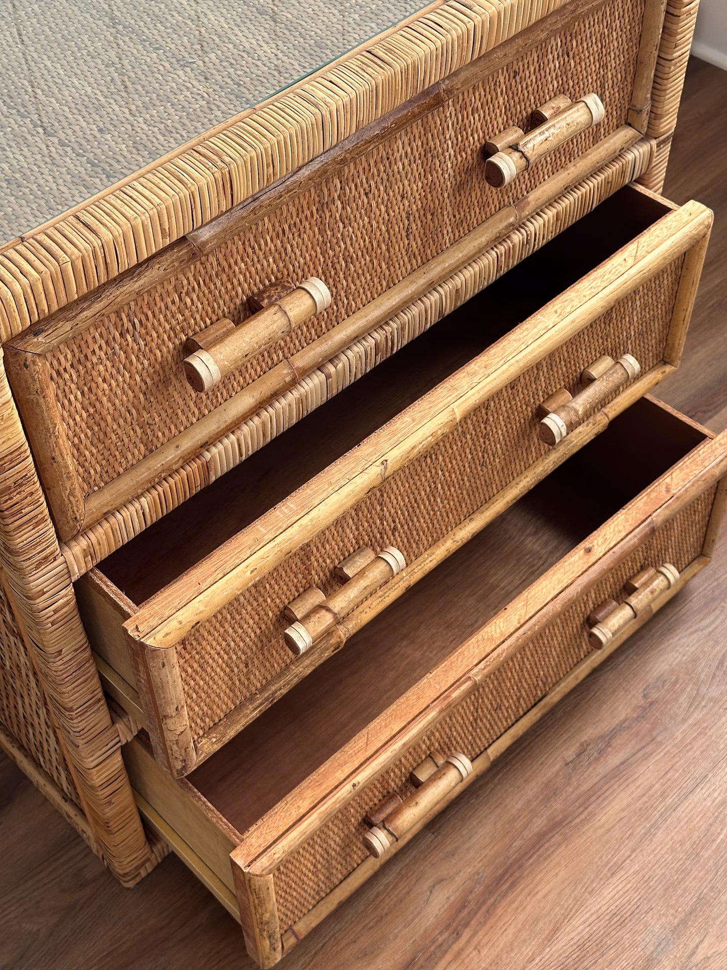 1970s Vintage Woven Rattan Chest of Drawers