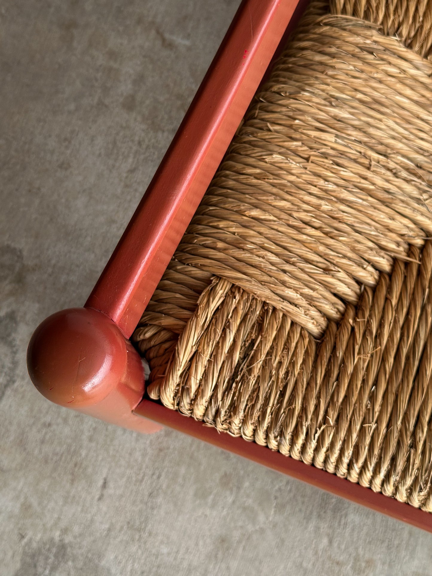 Pair of Vintage Red Lacquered Rush Lounge Chairs, Attributed to Vico Magistretti
