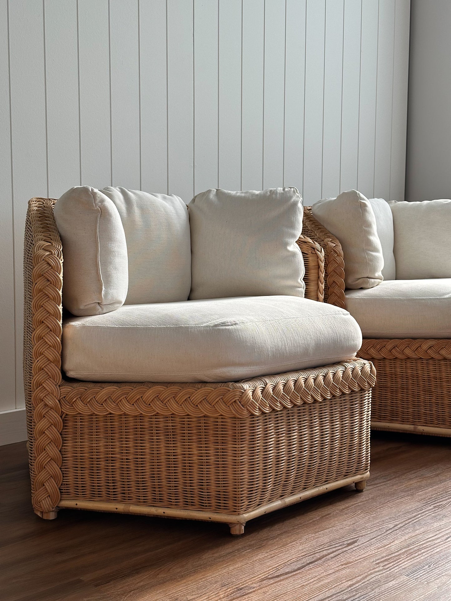 Vintage Brown Jordan Braided Wicker Lounge Chairs, Pair