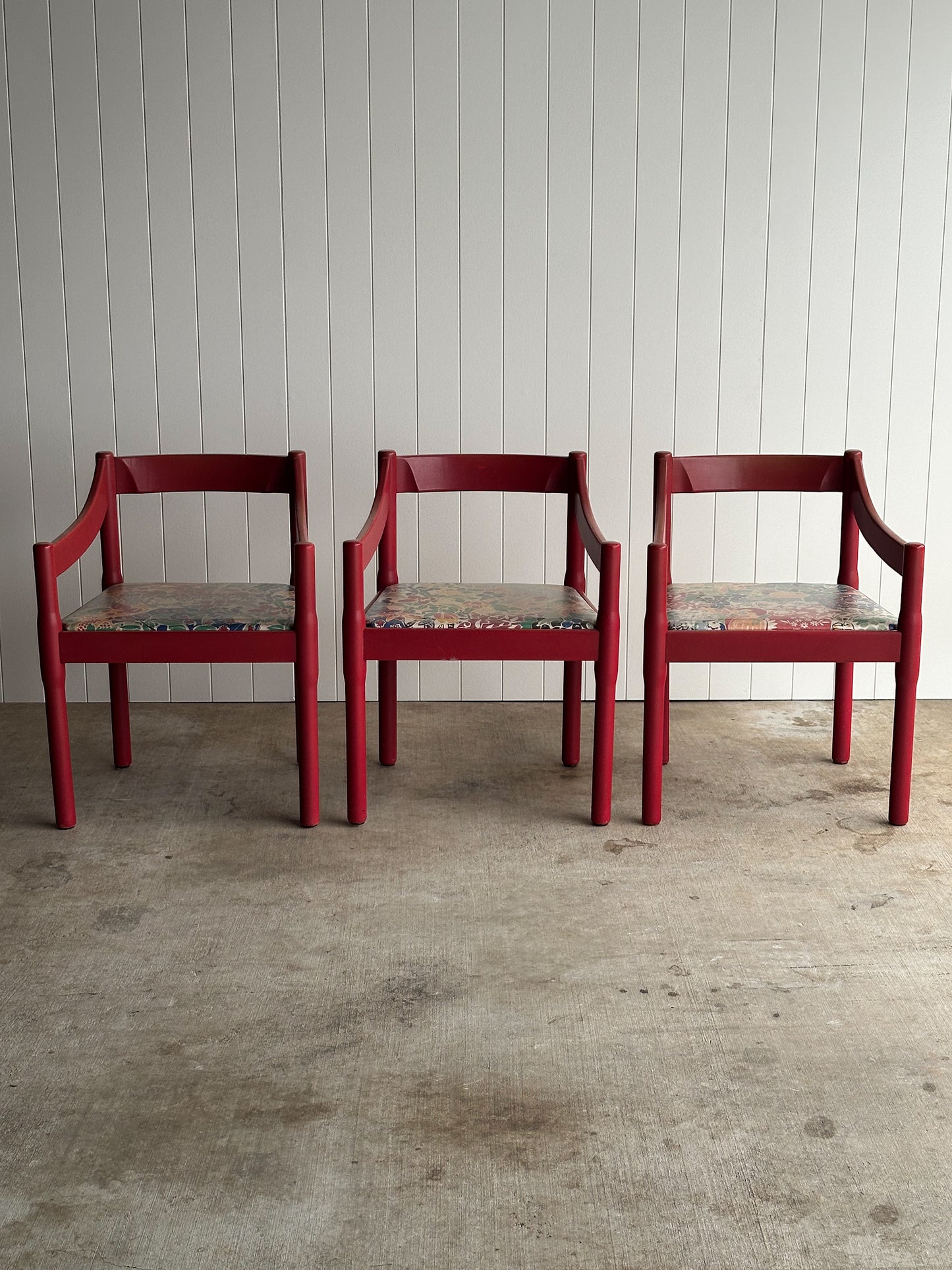 Set of Six Vintage Red Lacquered Dining Armchairs, Attributed to Vico Magistretti