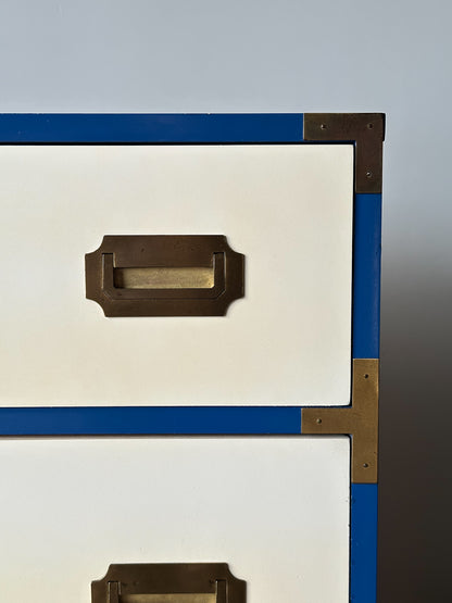Blue & White Lacquered Campaign Chest of Drawers with Brass Hardware, 1970s