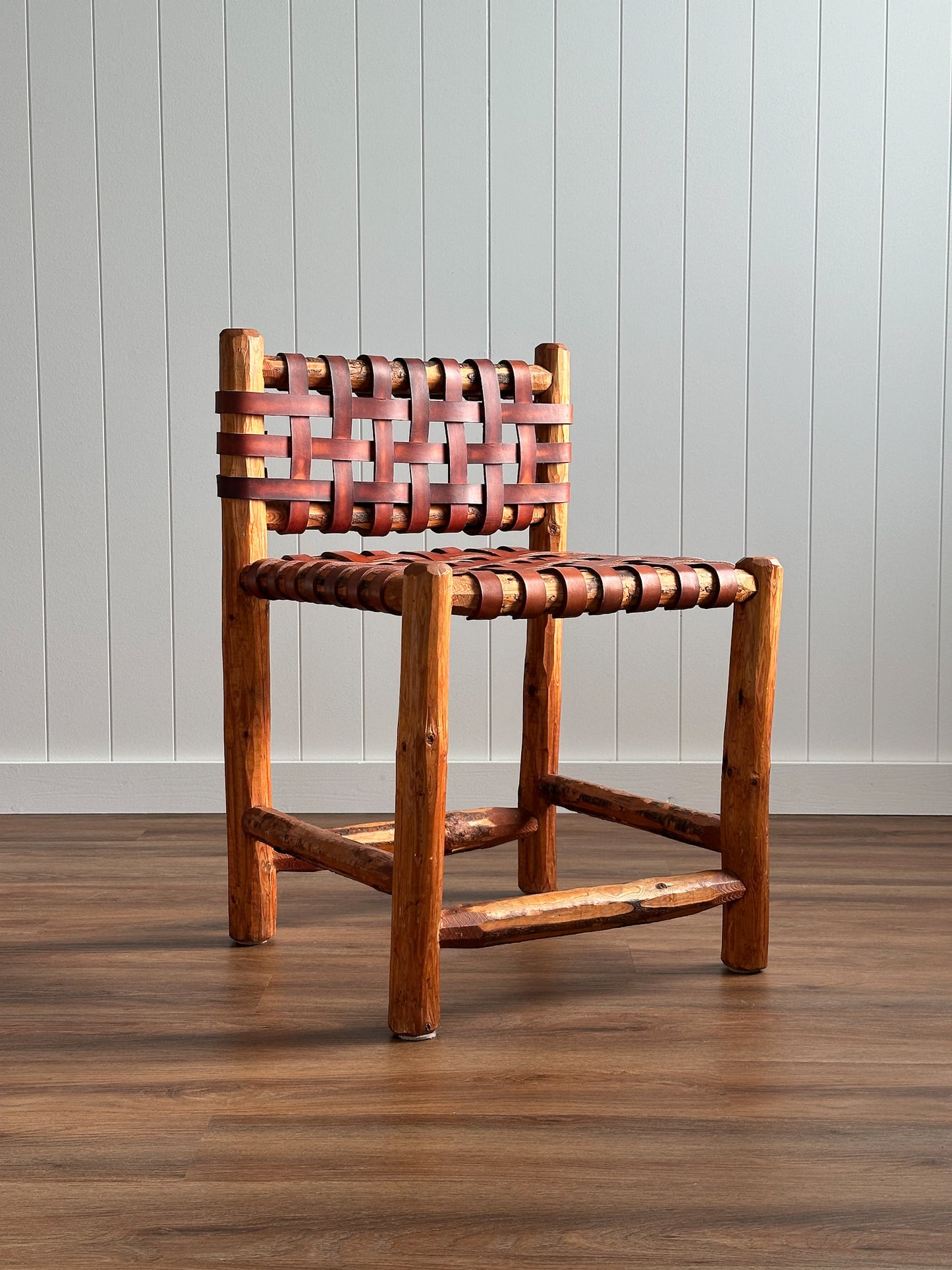 1940s Tuscan Leather Strap & Wood Dining Chairs, Set of Four