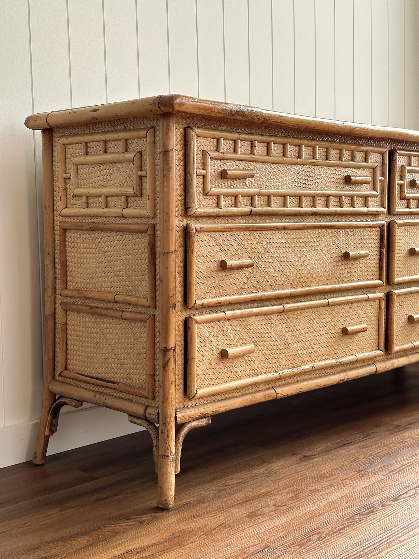 Vintage Coastal Woven Rattan Six-Drawer Dresser