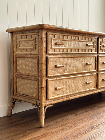 Vintage Woven Rattan Six-Drawer Dresser