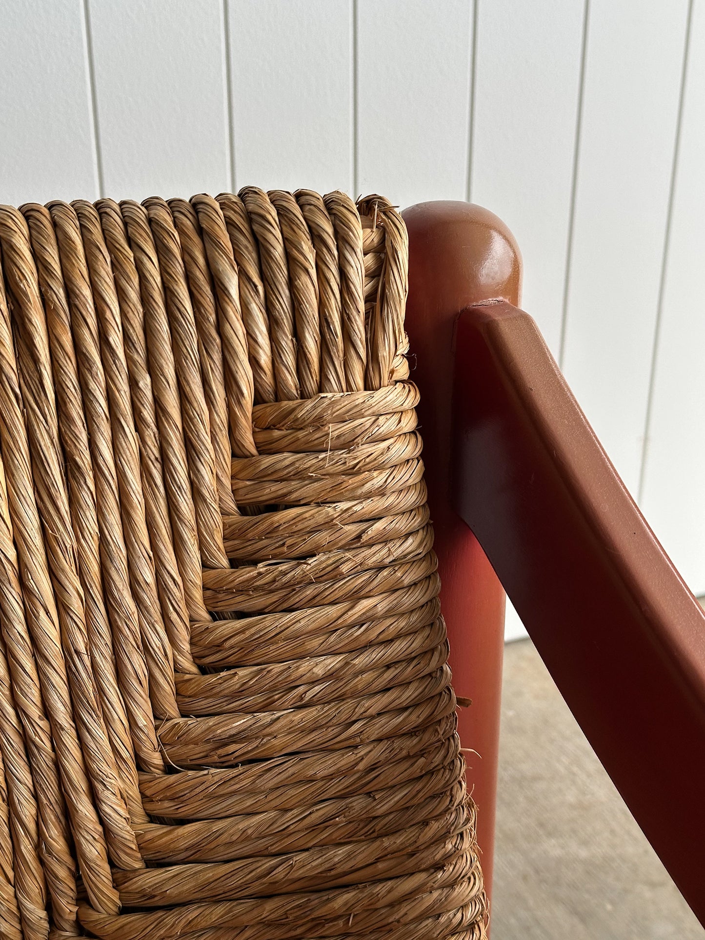 Pair of Vintage Red Lacquered Rush Lounge Chairs, Attributed to Vico Magistretti