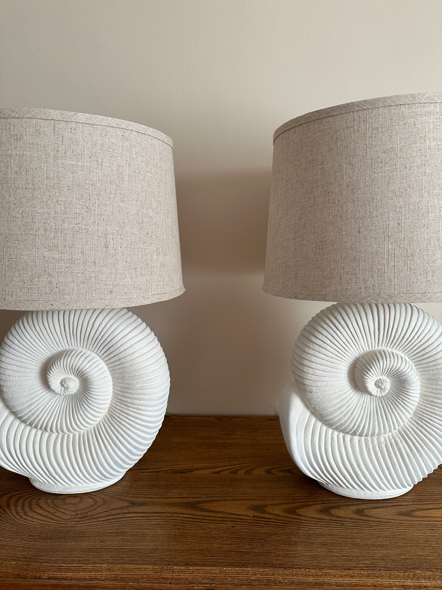 Vintage Spiral Shell Table Lamps With Linen Drum Shades - A Pair