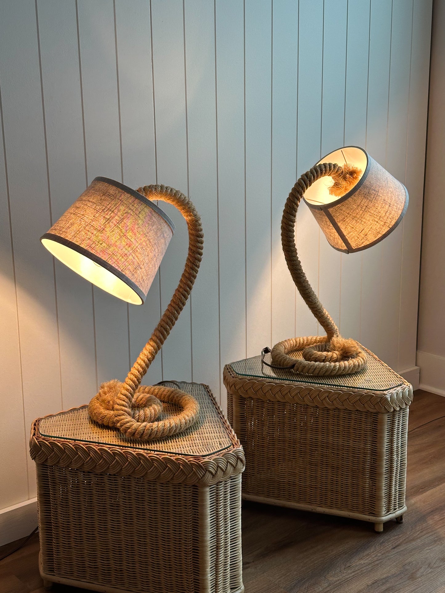 Vintage French Mid-Century Rope Table Lamps, Pair