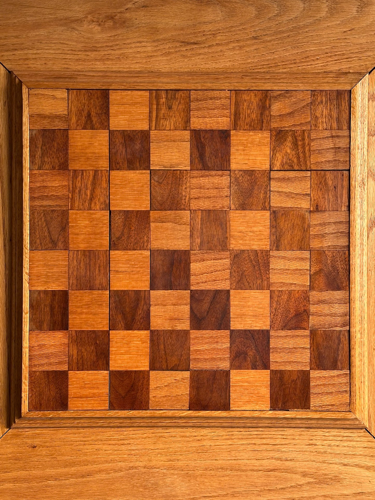 Vintage Handcrafted Oak Pedestal Game Table with Inlaid Chessboard