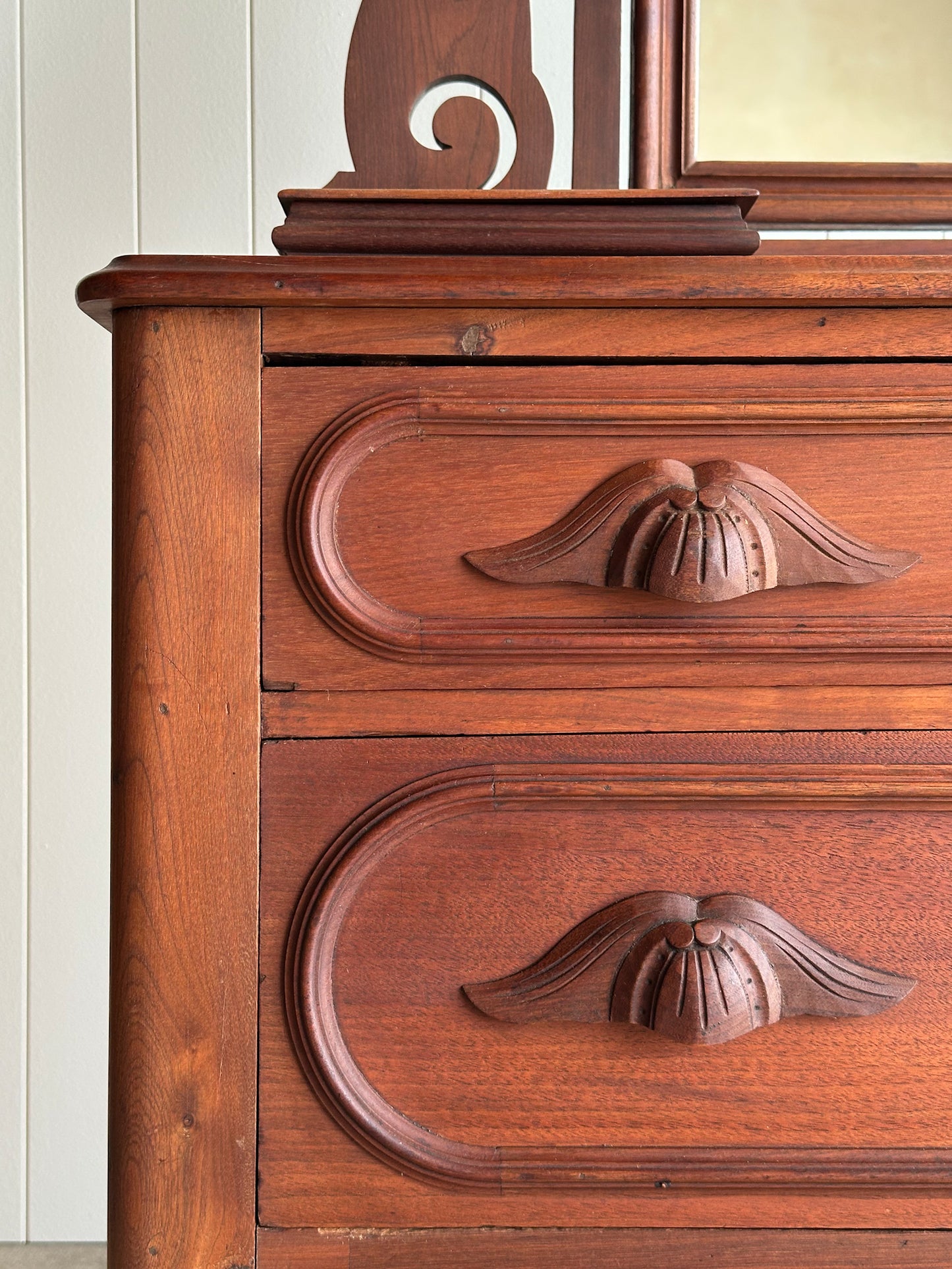 Antique Eastlake Walnut Dresser with Arched Mirror